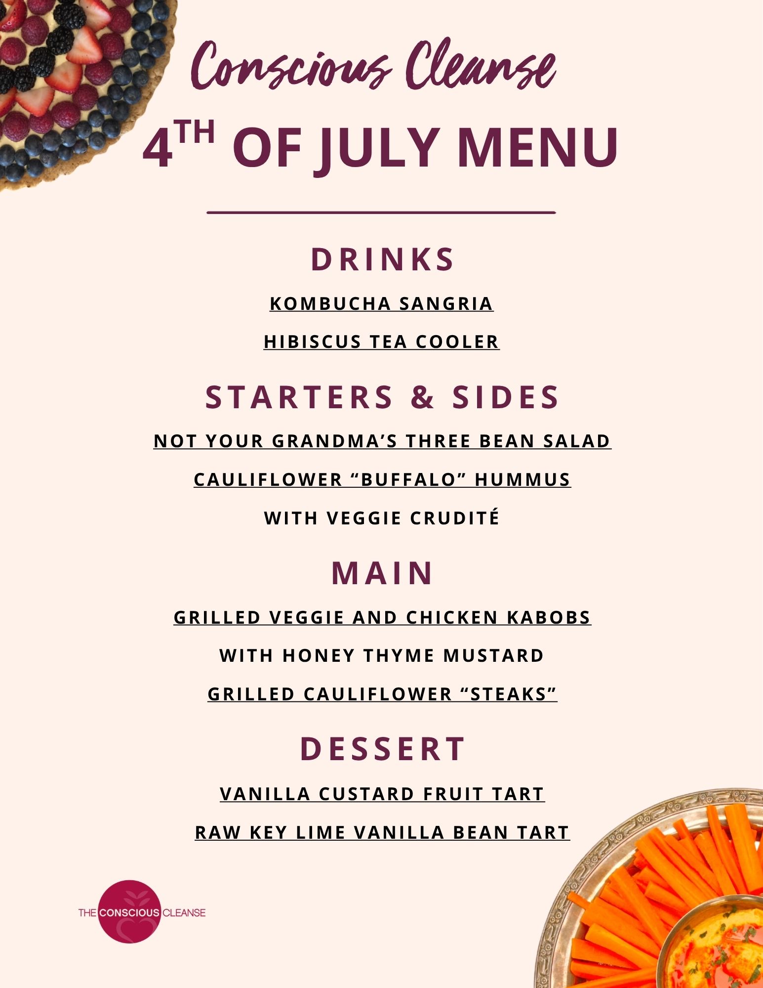 Conscious Cleanse | Our Ultimate 4th of July Menu | www.consciouscleanse.com | #cleaneatingrecipes #4thofjuly #summerbbqrecipes Menu Image for Our Ultimate 4th of July Menu
