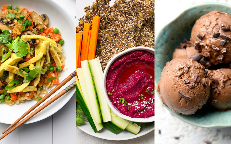 chocolate dairy free ice cream, beet hummus, cauliflower fried rice