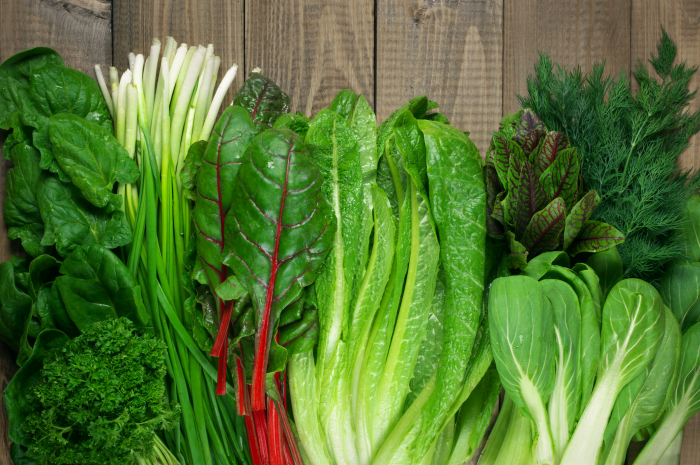 a line of greens, spinach, parsley, chard, romane, dill, bok choy