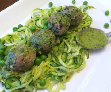 Turkey Meatballs with Zucchini Noodles and Chimichurri Sauce