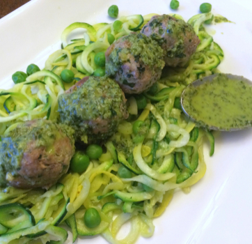 Turkey Meatballs with Zucchini Noodles and Chimichurri Sauce