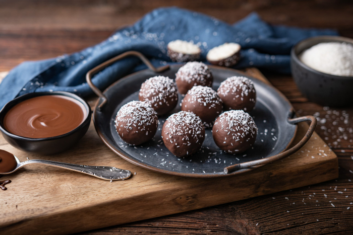 Vanilla Cherry Raw Truffles on a platter on a table