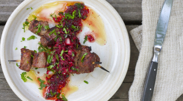 Buffalo Kabobs with Beet “Pesto” Dipping Sauce