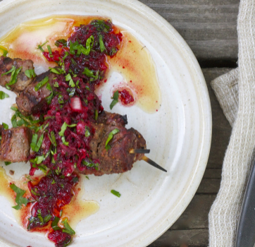 Buffalo Kabobs with Beet “Pesto” Dipping Sauce