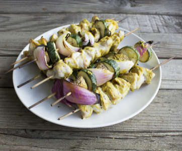 Grilled Veggie and Chicken Kabobs with Honey Thyme Mustard