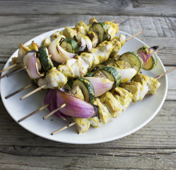 Grilled Veggie and Chicken Kabobs with Honey Thyme Mustard