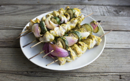 Grilled Veggie and Chicken Kabobs with Honey Thyme Mustard
