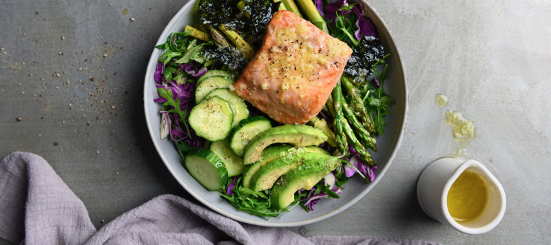 Ginger Salmon bowl over veggies